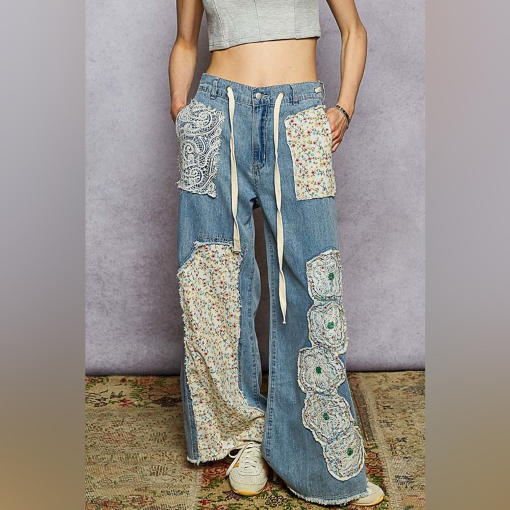 POL Blue Patchwork Flare Jeans